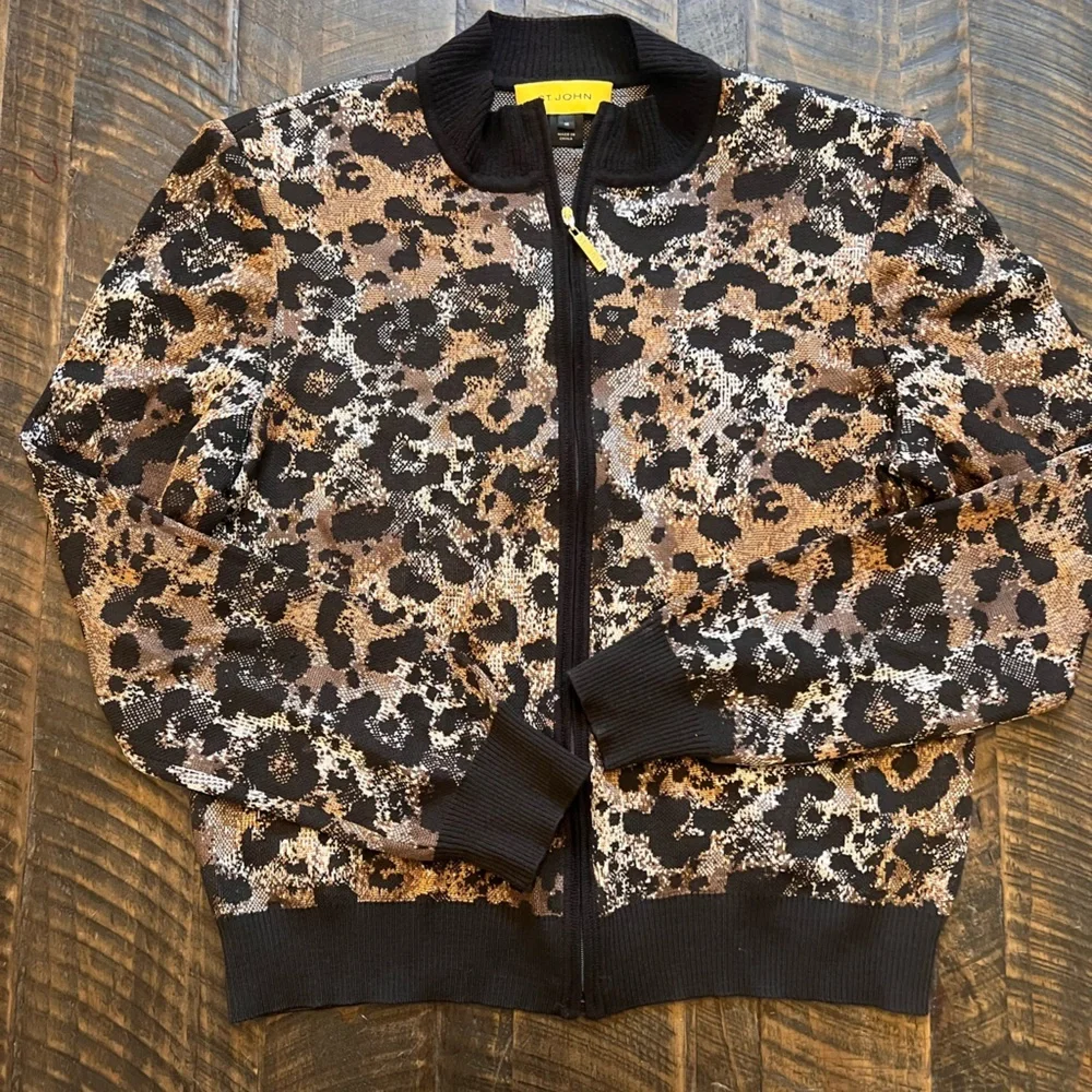 St John Sport Leopard Animal Print Knit Zip Cardigan Jacket Wool Blend M
